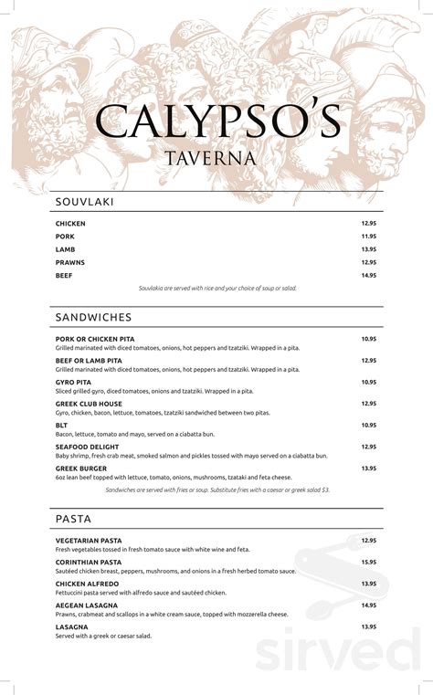 Calypso's Greek Taverna menu in Calgary, Alberta, Canada