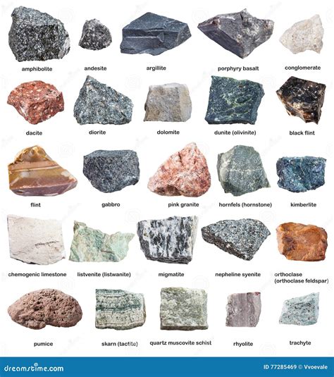 Various Raw Rocks with Names Isolated on White Stock Image - Image of ...