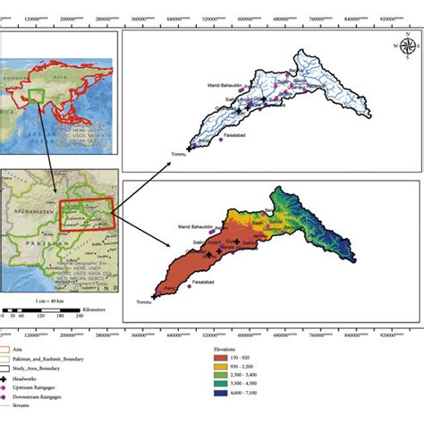 Location map of the Chenab River Basin showing catchment area, upstream ...