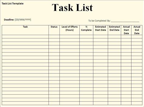 Checklist template, List template, Task list