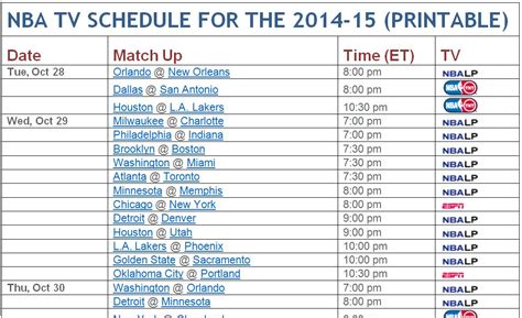 Printable NBA TV Schedule (TNT, ESPN, ABC, NBATV) for 2014-15