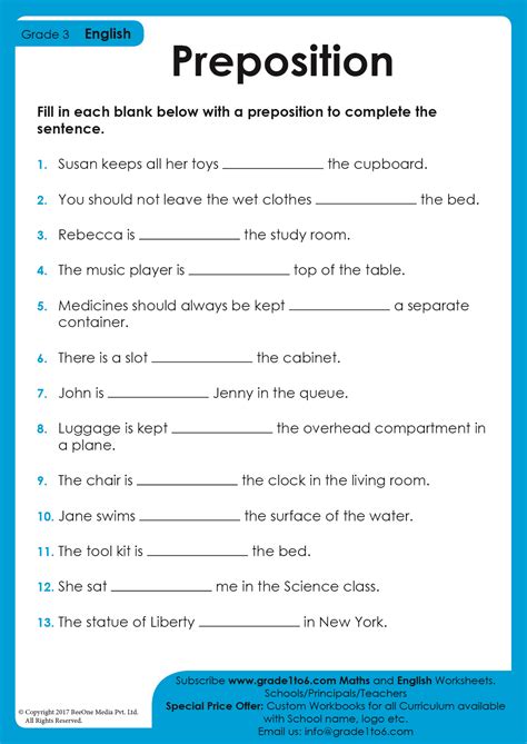 Preposition Worksheets With Answers Class 10