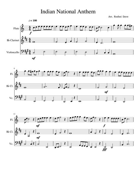 Indian National Anthem Sheet music for Flute, Clarinet, Cello ...