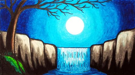 Easy Moonlight Waterfall Scenery Drawing | How to Draw Simple Scenery ...