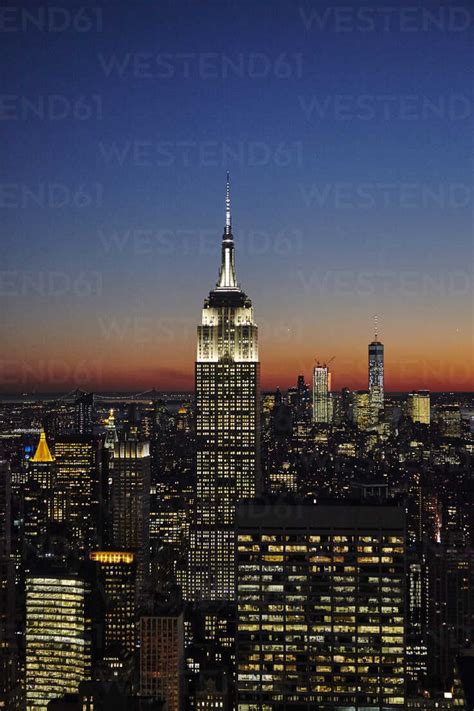 Elevated view of Empire State Building at night, New York City, USA ...