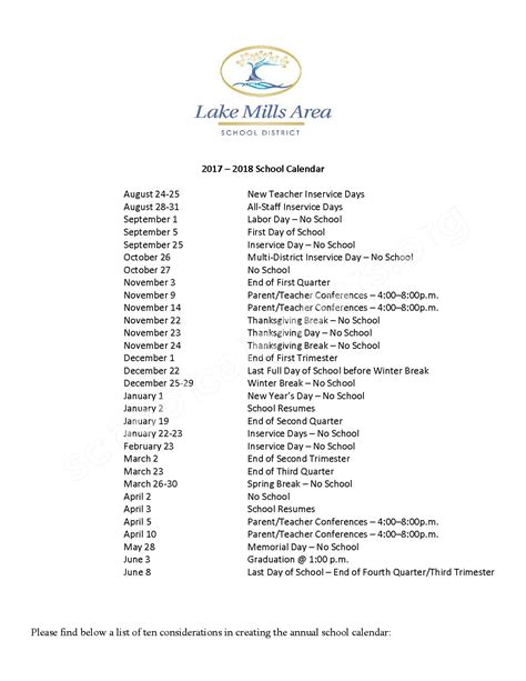 2017 - 2018 School Calendar | Lake Mills Area School District – Lake ...