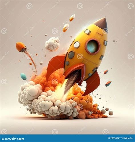 Cartoon Style Rocket Take Off in Smoke on White Background, Created ...