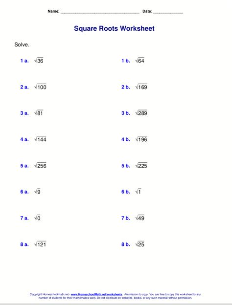 Free square root worksheets (PDF and html)