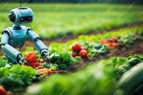 3d illustration of Smart robotic futuristic farmers working on field ...