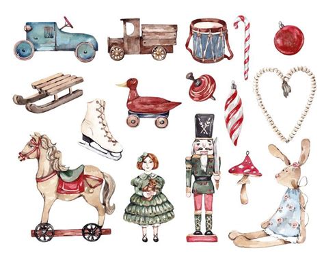 Watercolor Clipart Winter Christmas Toys Vintage Cozy Clip Art ...