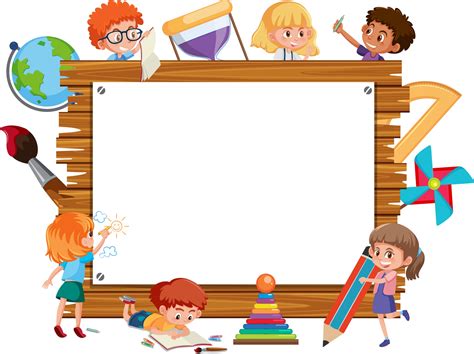 Empty wooden frame with many school kids cartoon character 2918436 ...