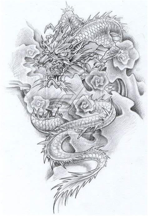 Dragon and Flowers Tattoo Design