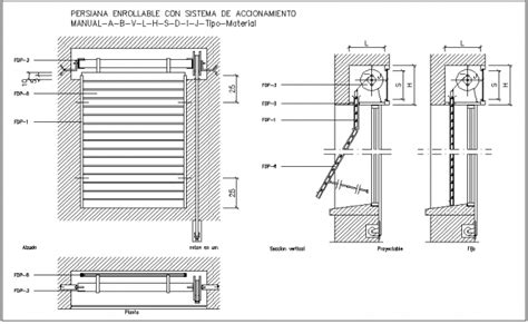 Rolled shutter door design view with plan and sectional view dwg file