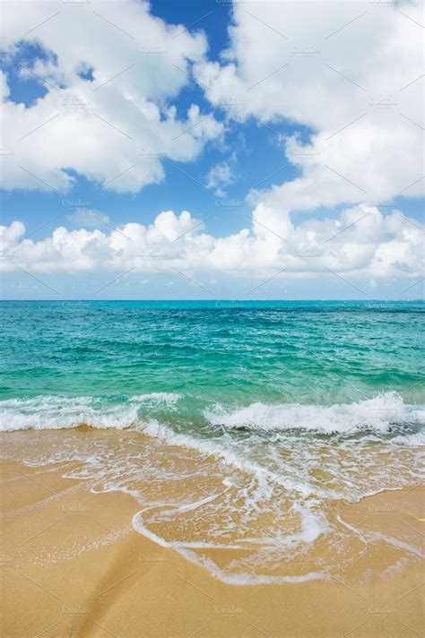 Blue sea water cloudy sky sand beach | Nature Stock Photos ~ Creative ...