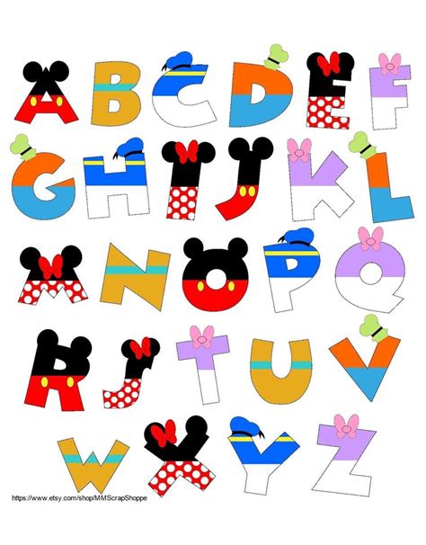 the letters and numbers are made up of mickey mouse heads, ears, and bows