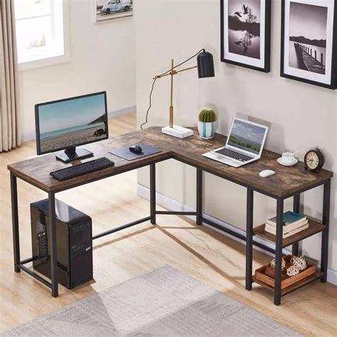 L-shaped Computer Desk Industrial Wood and Metal Sturdy Corner Table ...