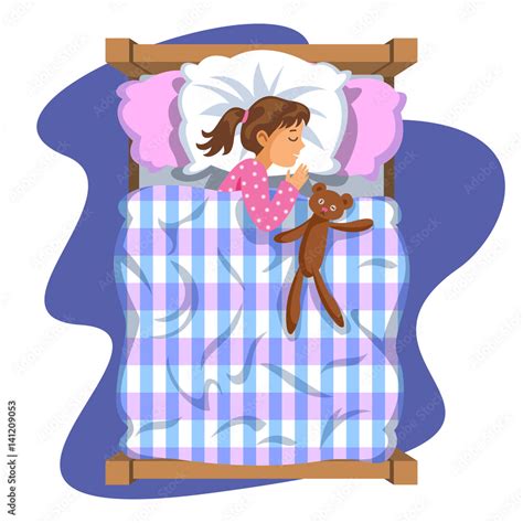 Sleeping brunette baby girl. Bedtime. Cartoon character girl. Kid sleep ...