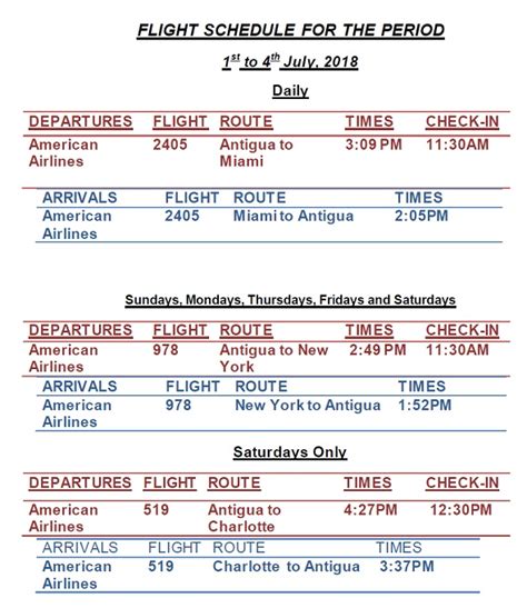 AA Flight Schedule: July 1st - September 30th, 2018