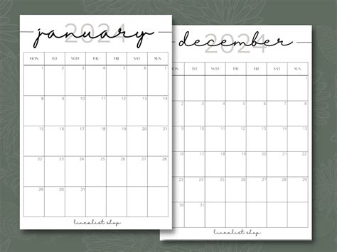 Printable 2024 Calendar Year Month Week Day PDF A4 A5 - Etsy Canada