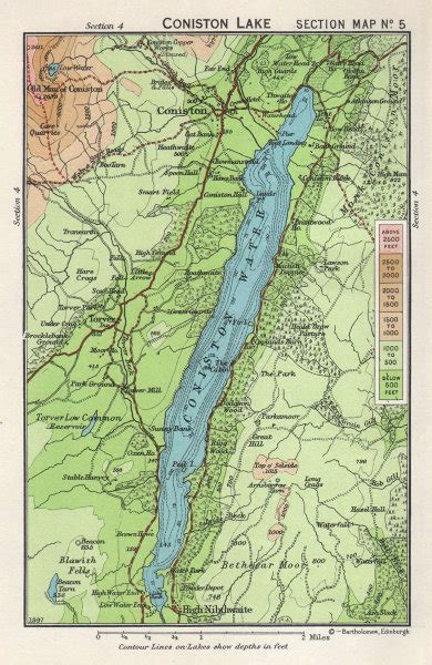 CONISTON WATER vintage tourist map. Lake District. Cumbria. WARD LOCK 1964