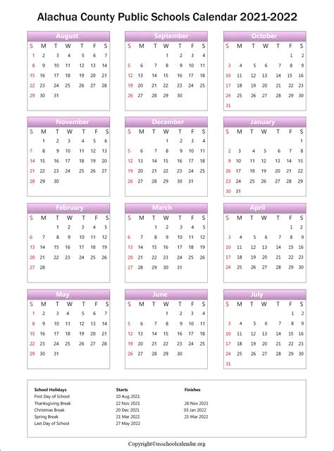 Alachua County School Calendar with Holidays 2021-2022