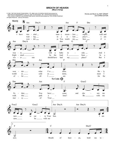 Breath Of Heaven (Mary's Song) by Amy Grant Sheet Music for Easy Lead ...