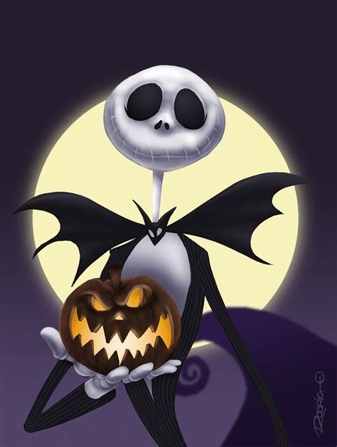 Jack Skellington,holding a pumpkin with the moon watching from The ...