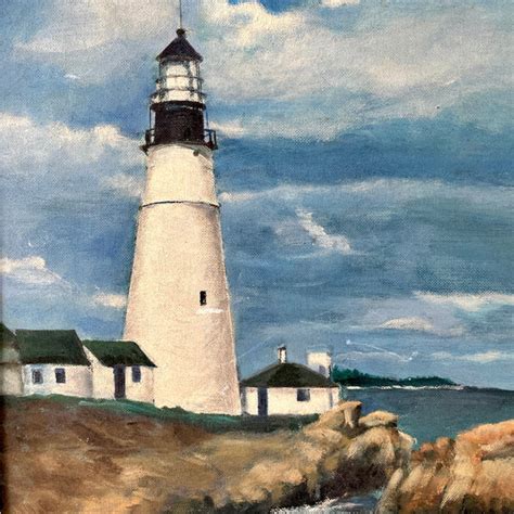 Maine lighthouse painting - vintage 1960s seascape | NextStage Vintage