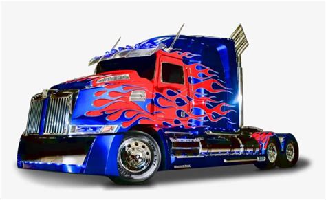 a blue and red semi truck with flames on it's side, against a white ...