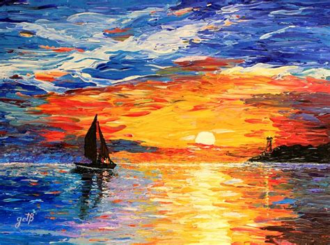 Romantic Sea Sunset acrylic palette knife painting Painting by Georgeta ...