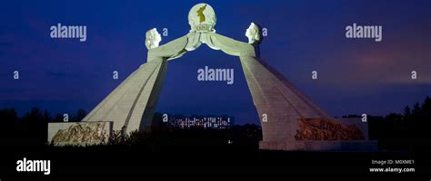 Arch of reunification monument by night, Pyongan Province, Pyongyang ...