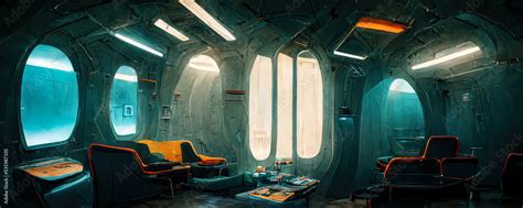 Digital illustration of retro interior of a spaceship. Inside an ...