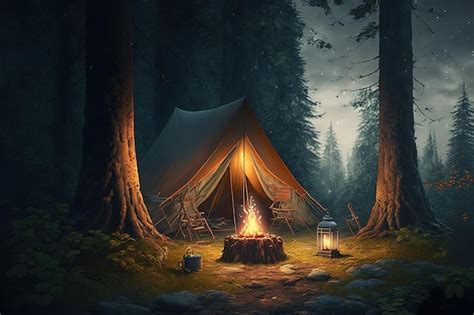 Premium Photo | Camping at night in the forest with camp fire