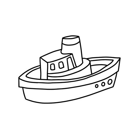 Funny toy boat in black outline style on a white background. Children ...