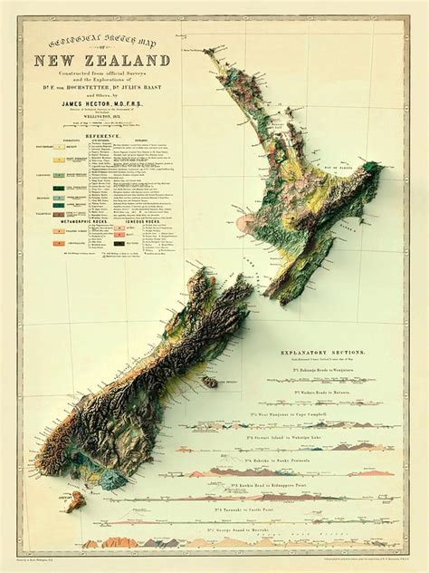 1873 Geological Map of New Zealand digitally-rendered Poster Digital ...