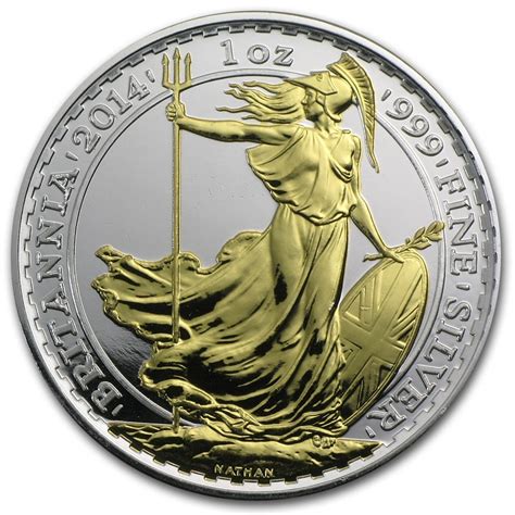 2014 1oz £2 GBP Silver Britannia 24k Gold Gilded Coin | European Mint