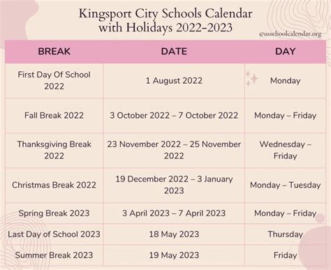 Kingsport City Schools Calendar with Holidays 2022-2023