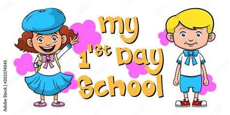 My First Day School Cartoon Characters Stock Vector | Adobe Stock