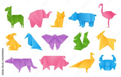 Origami animals. Paper toys, dragon ship elephant crane butterfly shape ...