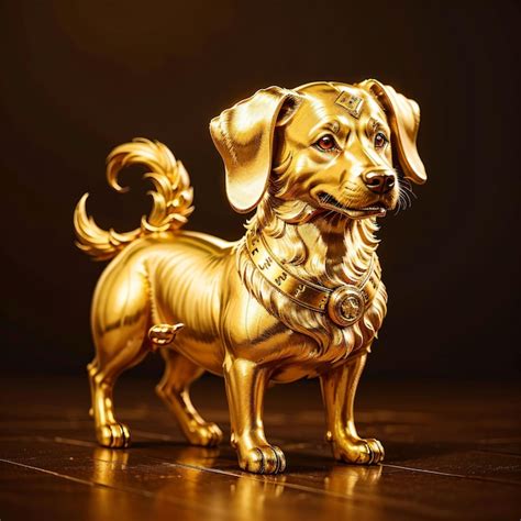 Premium Photo | A golden dog statue with a gold collar and a gold ring ...