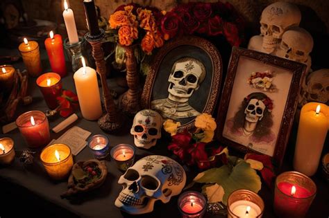 Premium AI Image | Day of the dead altar with candles offerings and ...