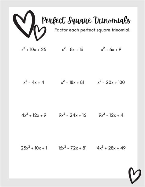 Factoring Perfect Square Trinomials Worksheet