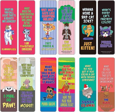 Pack of 12 Funny Bookmarks (12 Pack) Funny Bookmarks - Cat Puns Jokes ...