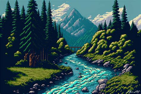 Mountain River Landscape Pixel Art Graphic by Alone Art · Creative Fabrica