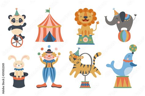 Cute circus animals and clown character design. Stock Vector | Adobe Stock