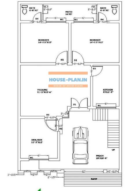 double bedroom house plan with porch, drawing room, living hall