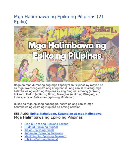 Epiko - Ang ilan sa kilalang mga halimbawa ng epiko ng Pilipinas ay ang ...