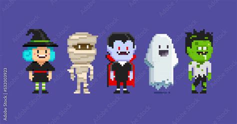 Pixel Art set of Funny Ghost, Mummy, Cute Witch, Zombie, Dracula ...