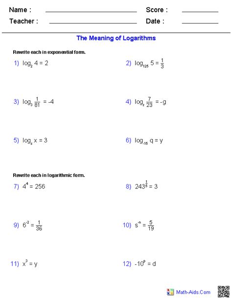 Algebra 2 Worksheets | Exponential and Logarithmic Functions Worksheets