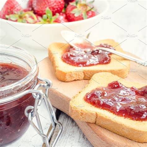 Toasts with strawberry jam containing jam, strawberry, and toast | High ...